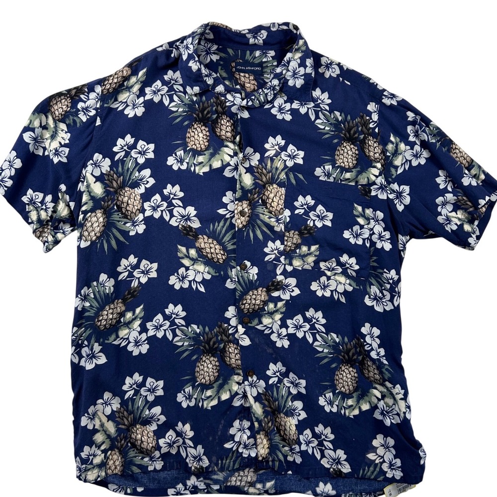 John Ashford Mens XL Navy Blue Pineapple Floral Rayon Hawaiian Camp Shirt